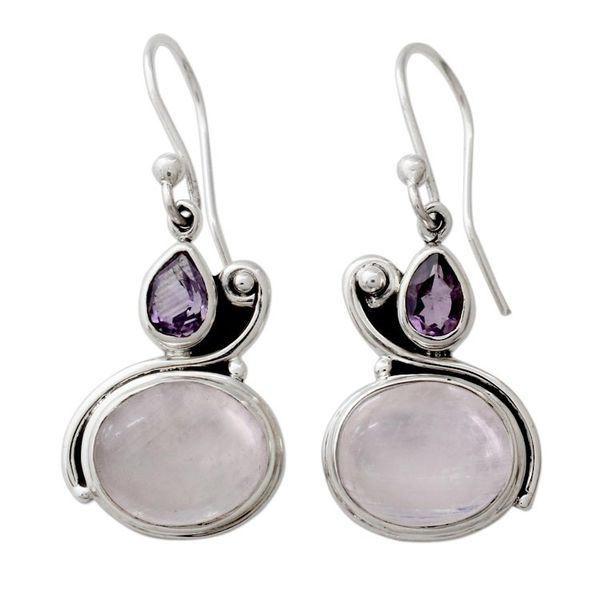 Alternate image for Hand Crafted Moonstone and Amethyst Dangle Earrings Glistening Beauty