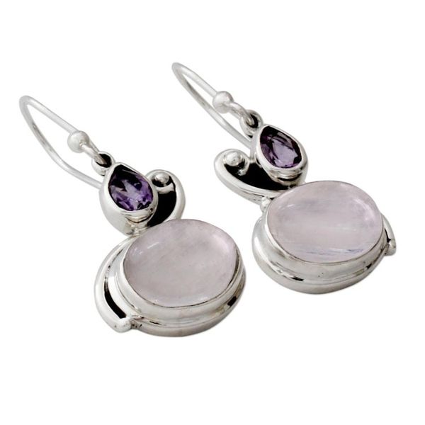 Alternate image for Hand Crafted Moonstone and Amethyst Dangle Earrings Glistening Beauty