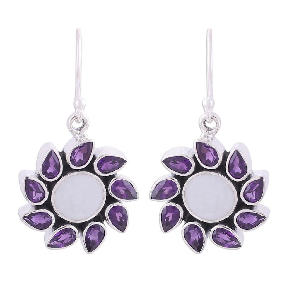 Amethyst and Rainbow Moonstone Dangle Earrings from India 'Floral Windmills'