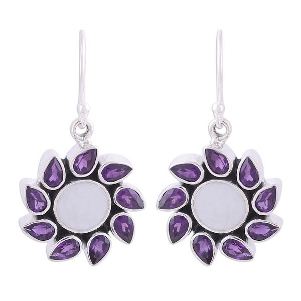 Alternate image for Amethyst and Rainbow Moonstone Dangle Earrings from India Floral Windmills