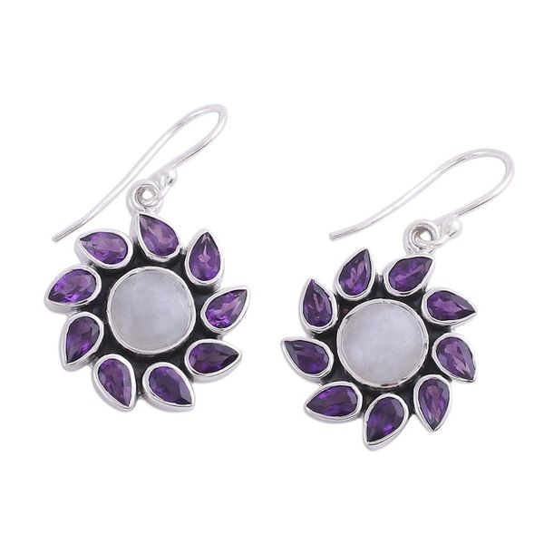 Alternate image for Amethyst and Rainbow Moonstone Dangle Earrings from India Floral Windmills