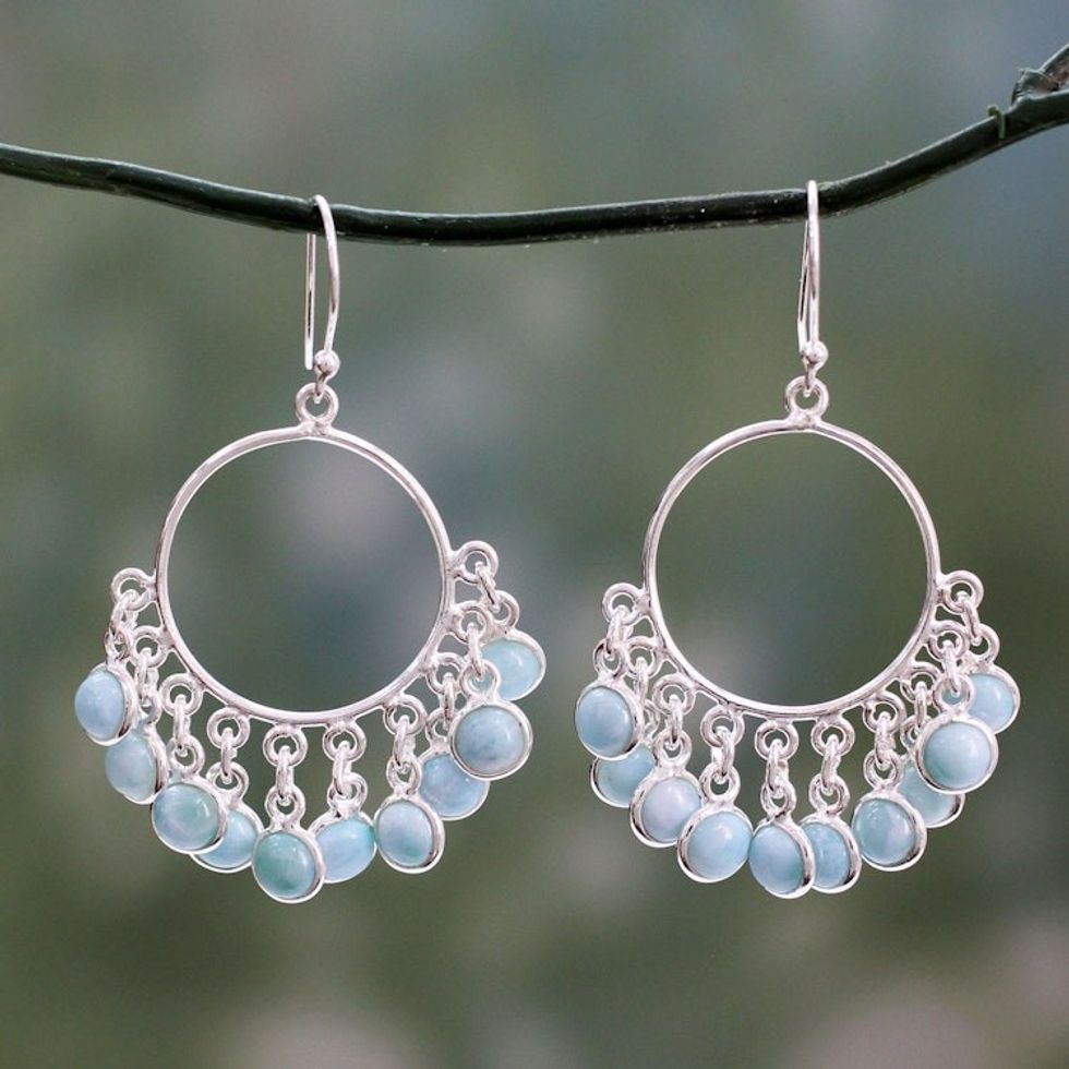 Handmade Larimar and Sterling Silver Chandelier Earrings 'Playful Petals'