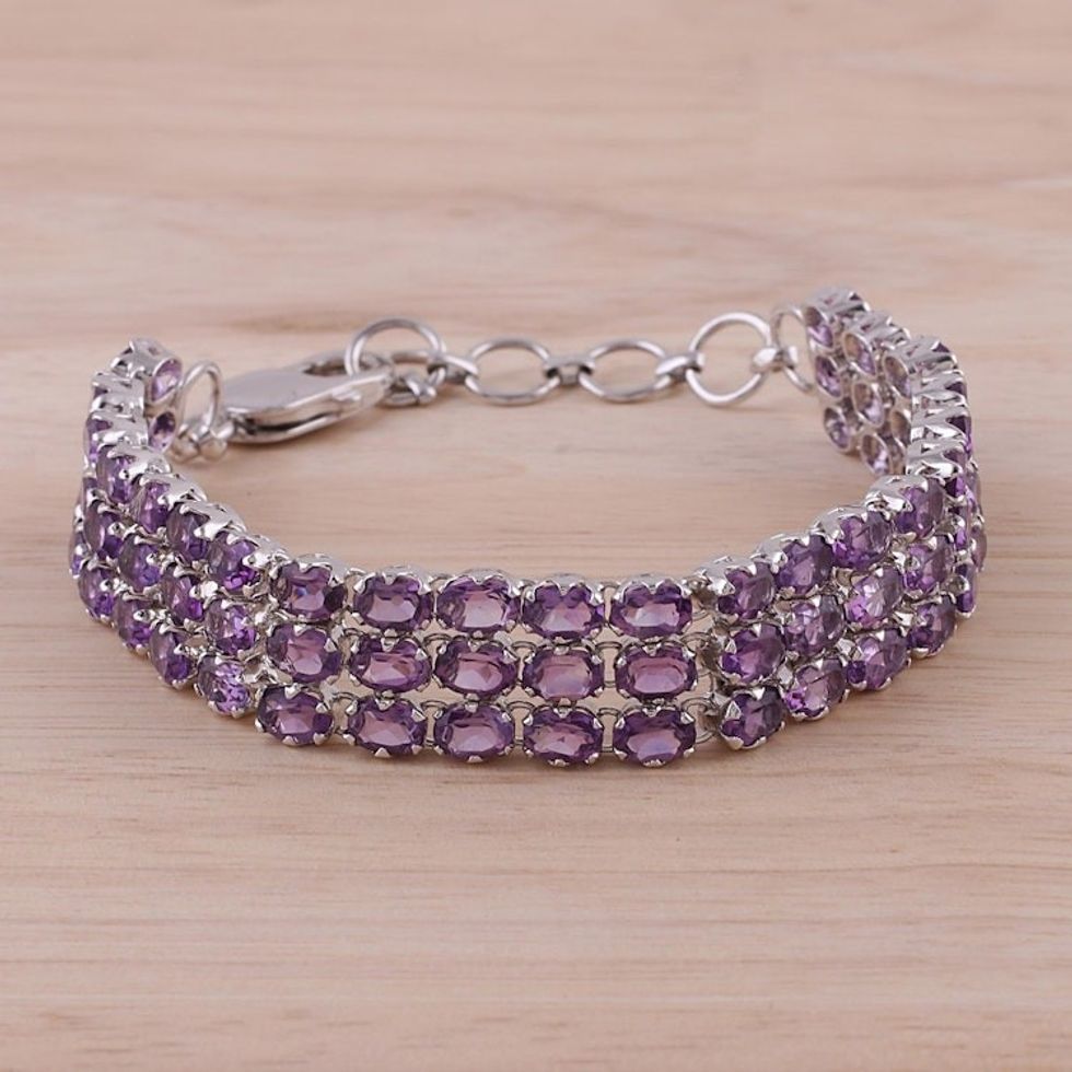 Amethyst and Rhodium Plated Silver Link Bracelet from India 'Lavender Sparkle'