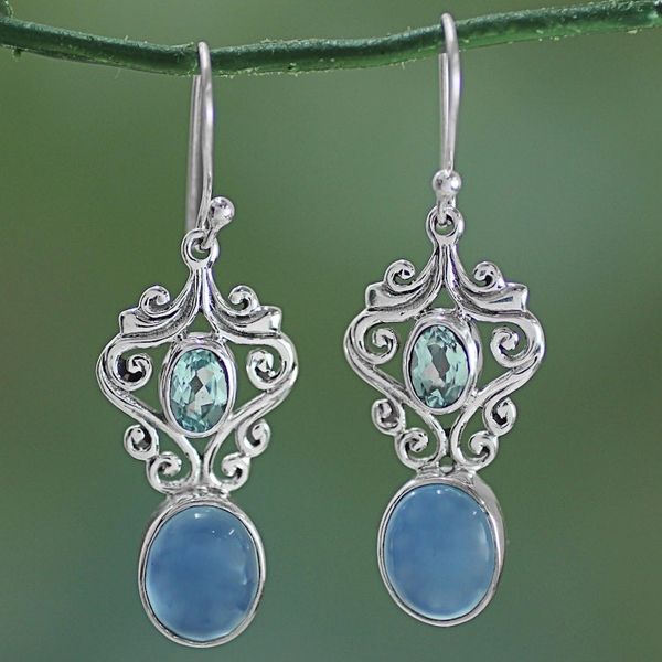 Alternate image for Handcrafted Blue Chalcedony and Topaz Dangle Earrings Harmonious Blue