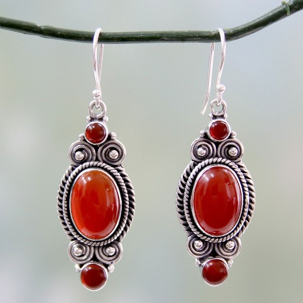 Red Onyx and Sterling Silver Dangle Earrings from India 'Johari Sunset'