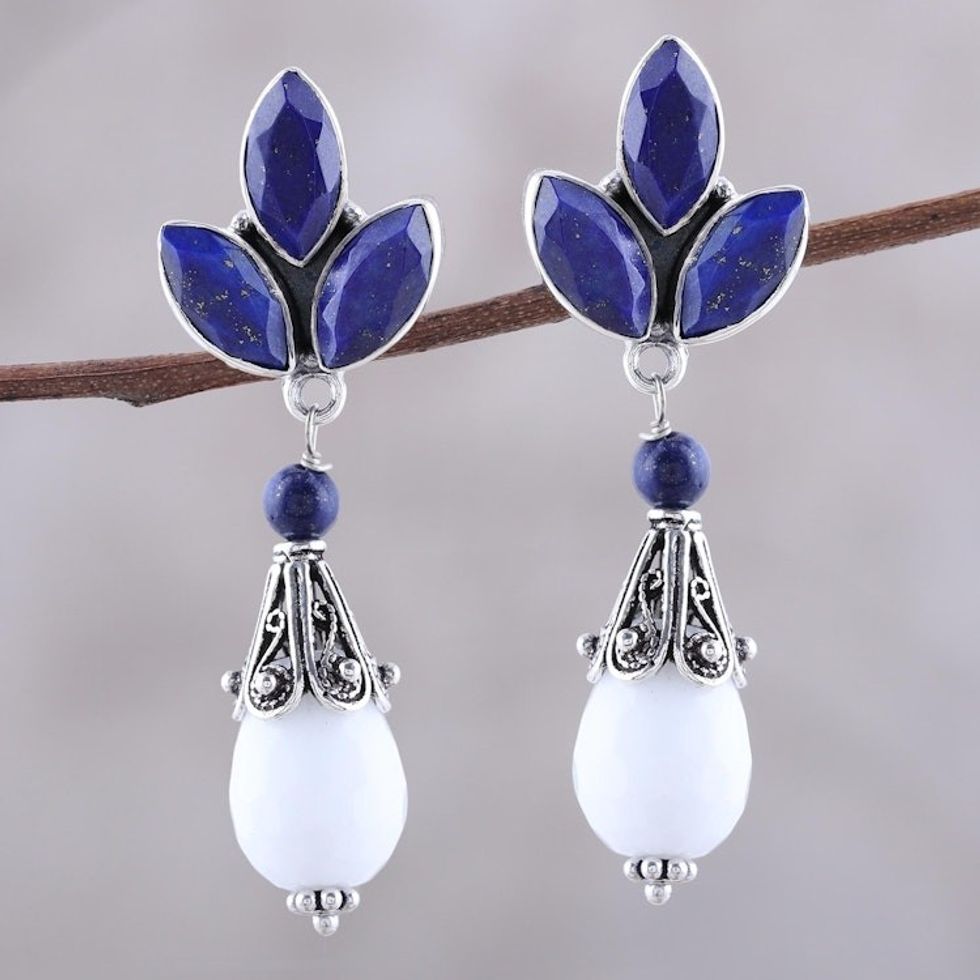 Agate and Lapis Lazuli Dangle Earrings from India 'Glowing White'