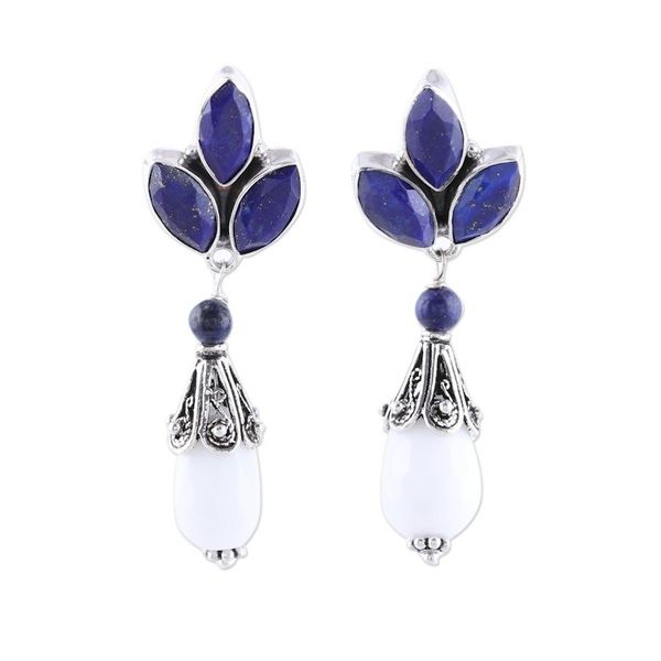 Alternate image for Agate and Lapis Lazuli Dangle Earrings from India Glowing White