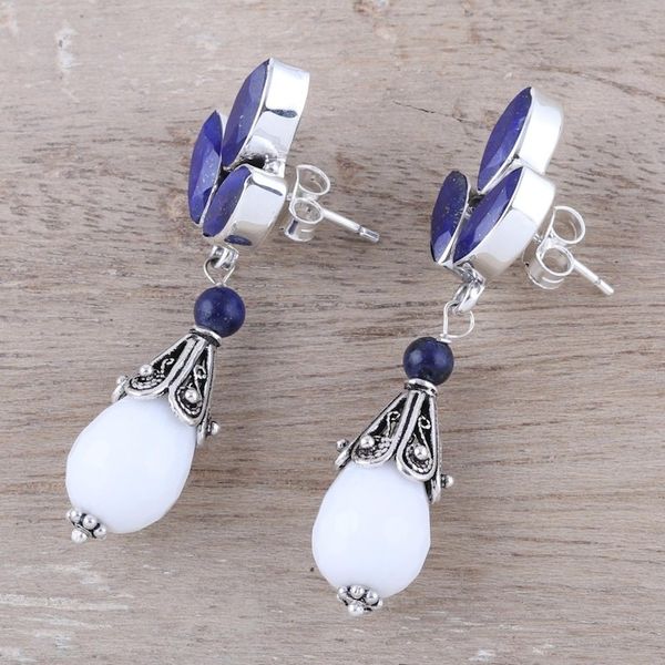 Alternate image for Agate and Lapis Lazuli Dangle Earrings from India Glowing White