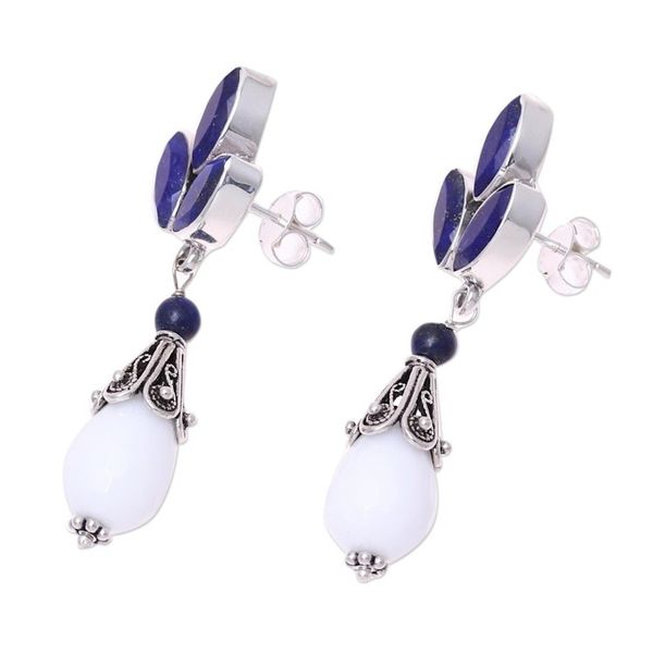 Alternate image for Agate and Lapis Lazuli Dangle Earrings from India Glowing White