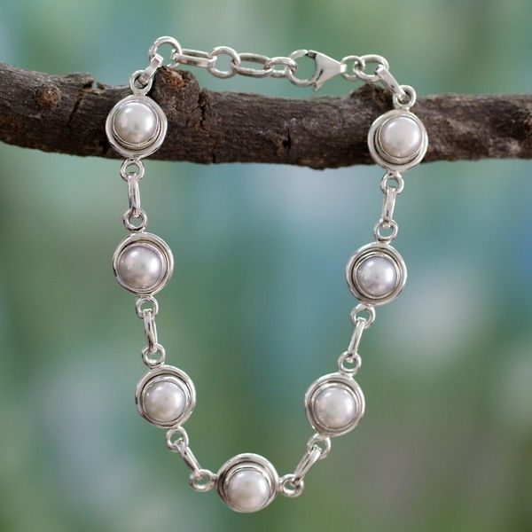 Alternate image for Hand Made Bridal Sterling Silver Link Pearl Bracelet White Cloud