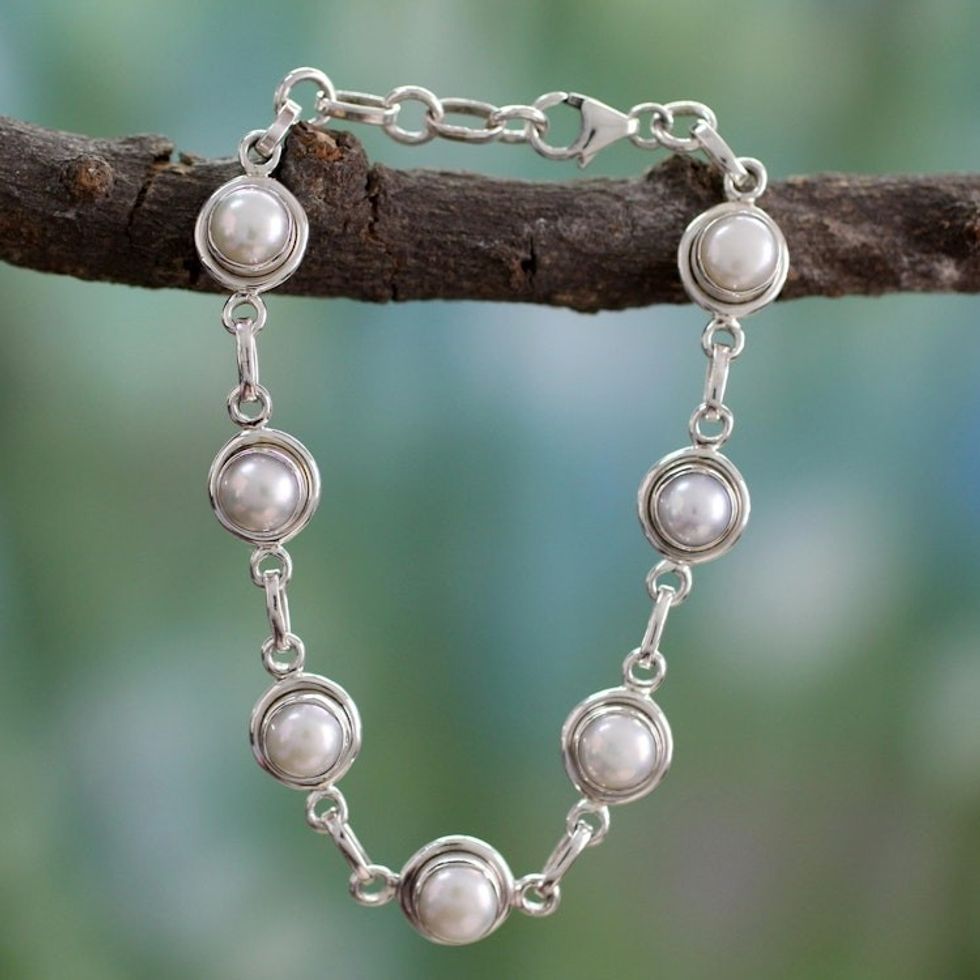 Hand Made Bridal Sterling Silver Link Pearl Bracelet 'White Cloud'