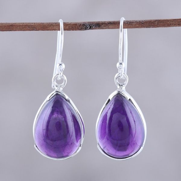 Alternate image for Teardrop Amethyst Dangle Earrings from India Purple Drops