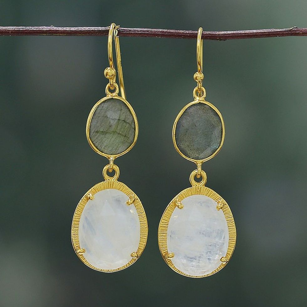 Gold Plated Rainbow Moonstone and Labradorite Earrings 'Misty Evening'