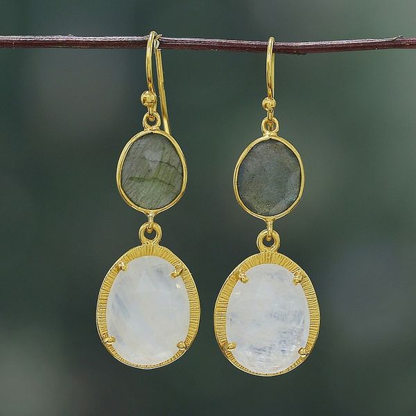 Alternate image for Gold Plated Rainbow Moonstone and Labradorite Earrings Misty Evening