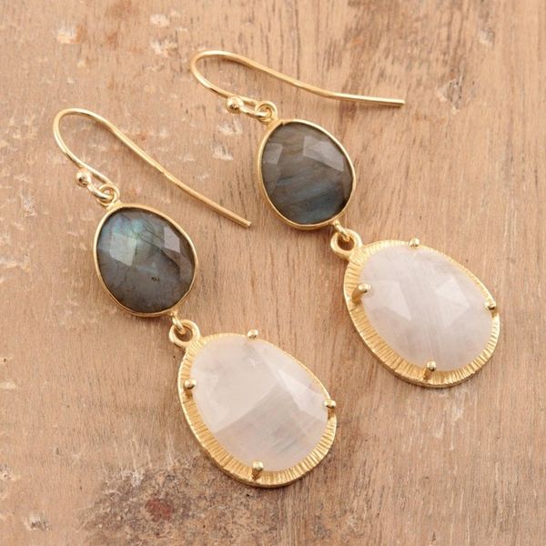 Alternate image for Gold Plated Rainbow Moonstone and Labradorite Earrings Misty Evening