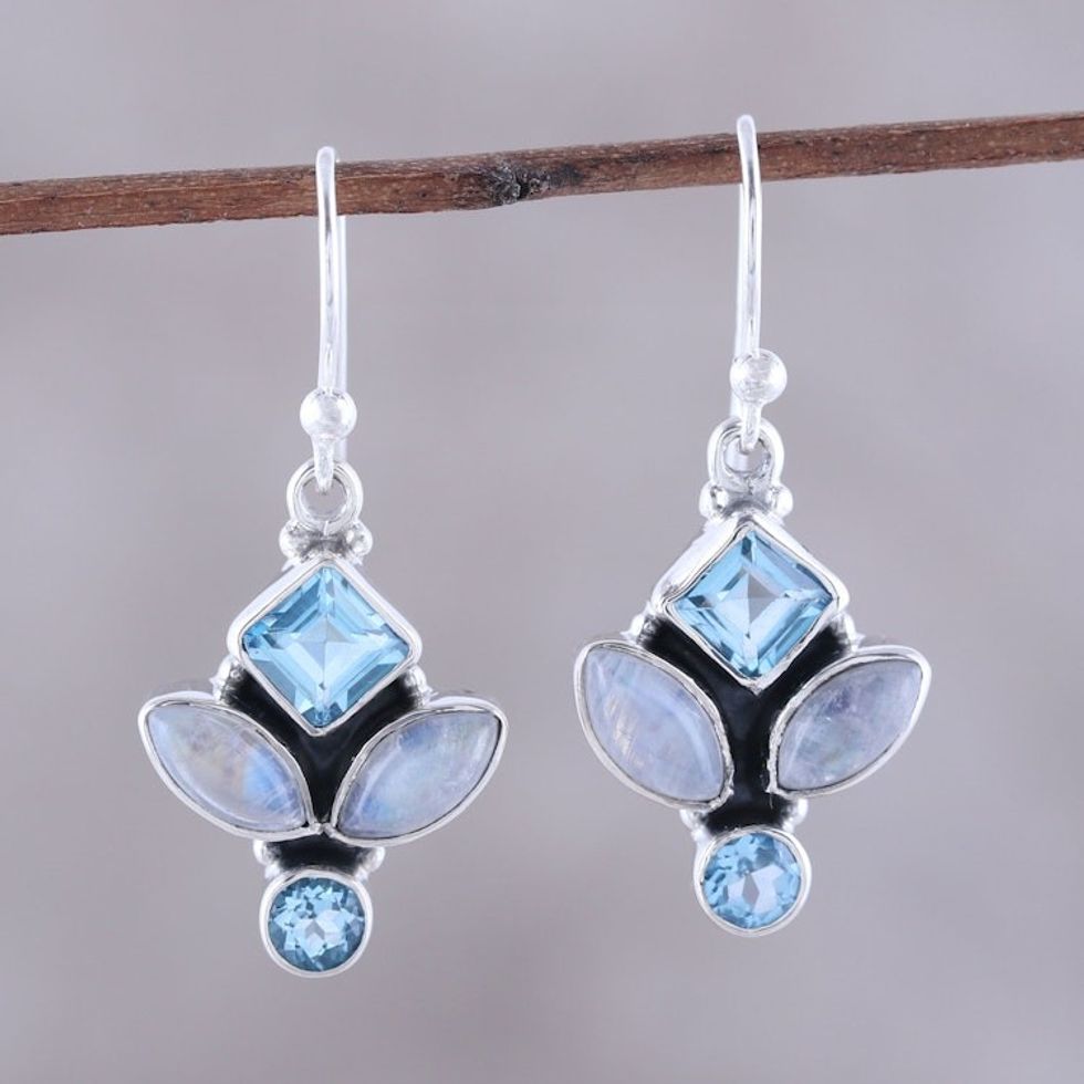 Blue Topaz and Rainbow Moonstone Dangle Earrings from India 'Glitzy Blue'