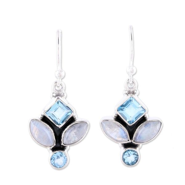 Alternate image for Blue Topaz and Rainbow Moonstone Dangle Earrings from India Glitzy Blue