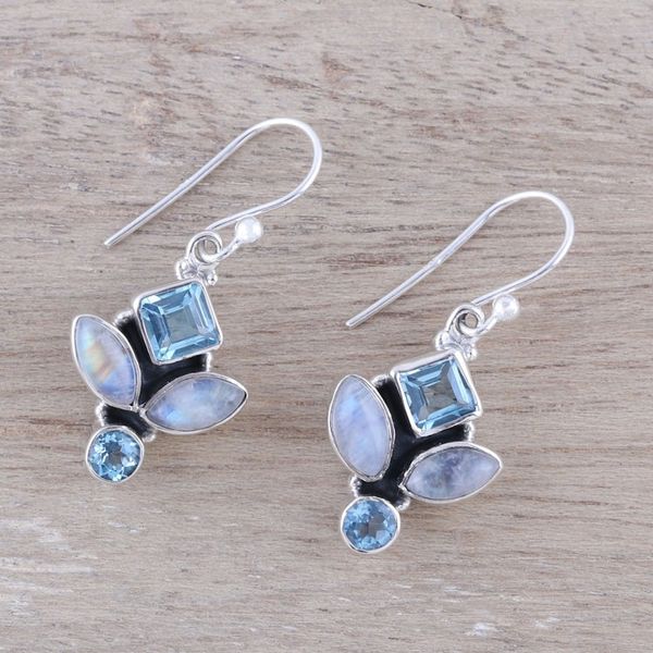 Alternate image for Blue Topaz and Rainbow Moonstone Dangle Earrings from India Glitzy Blue