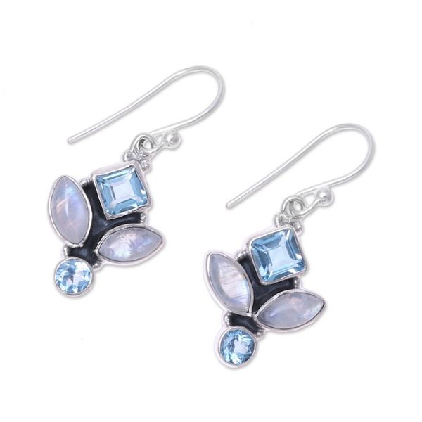Alternate image for Blue Topaz and Rainbow Moonstone Dangle Earrings from India Glitzy Blue