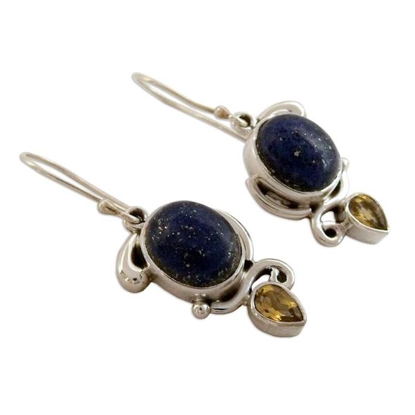 Alternate image for Indian Earrings with Lapis Citrine and Sterling Silver Royal Charm