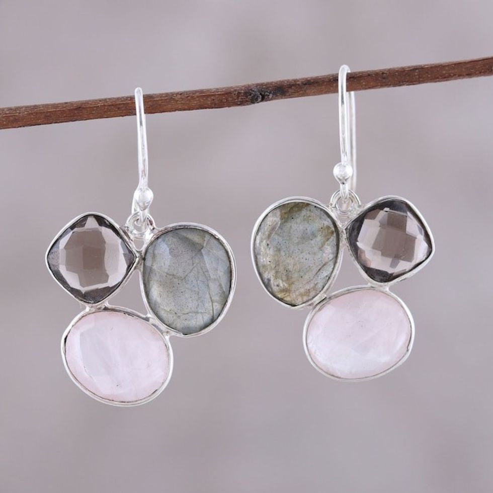 Multi-Gemstone Sterling Silver Dangle Earrings from India 'Enchanting Trinity'