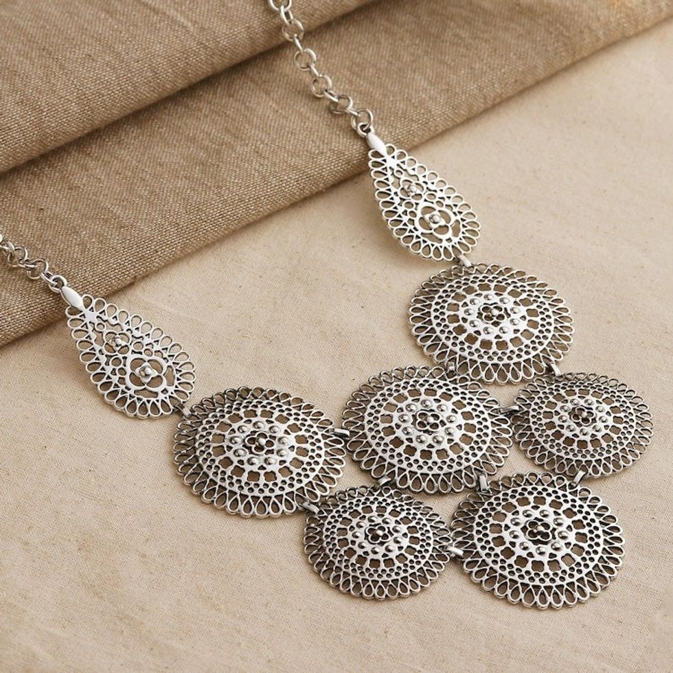 Sterling Silver Medallion Statement Necklace from India 'Regal Medallions'