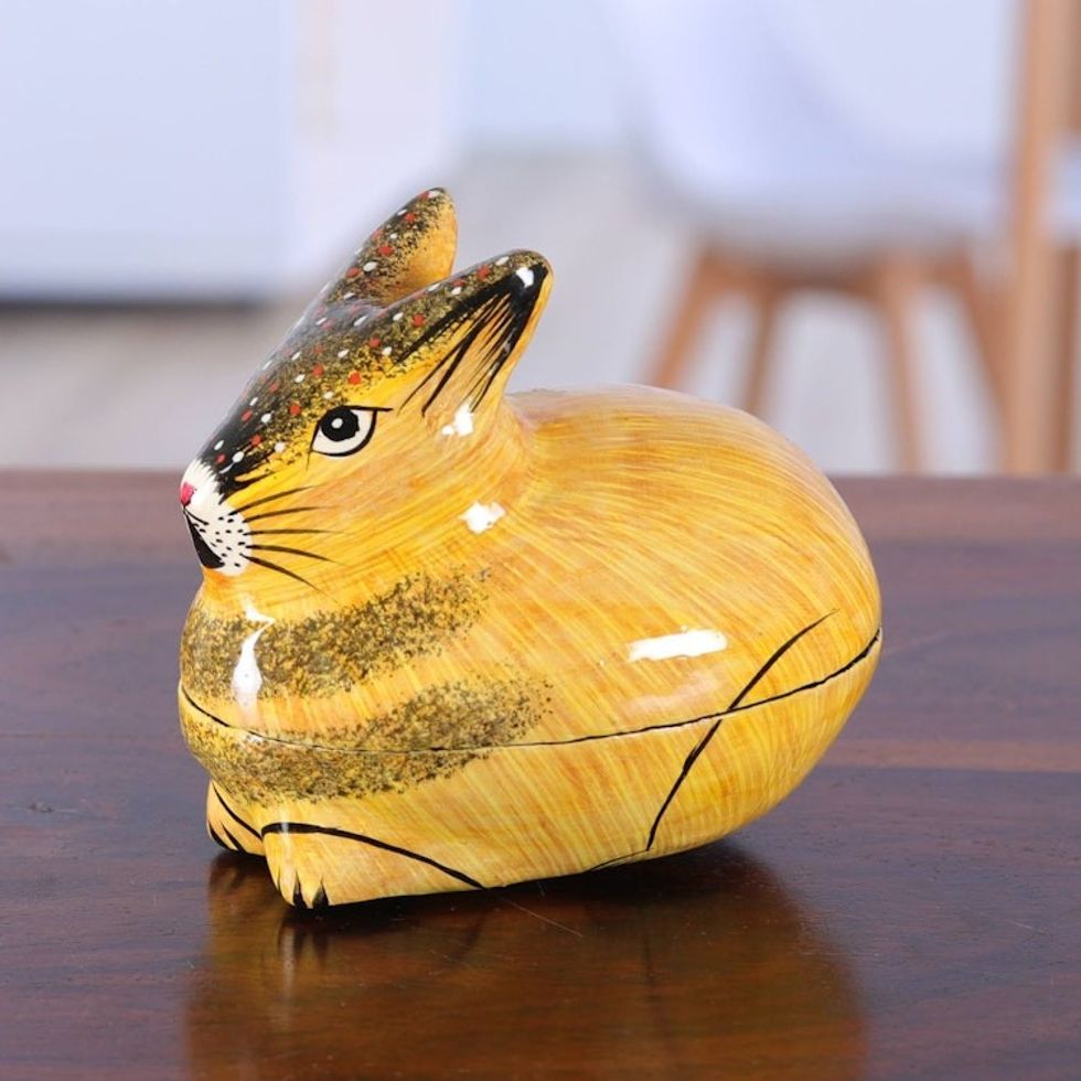 Hand-Painted Papier Mache Rabbit Decorative Box from India 'Orange Rabbit'