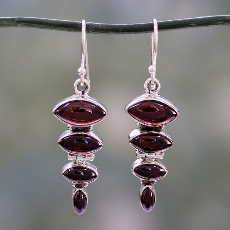 Garnet Cabochon Dangle Earrings Set in Sterling Silver 'Romantic Quartet'