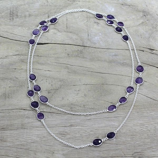 Alternate image for Amethyst Sterling Silver Long Necklace Handmade in India Violet Princess