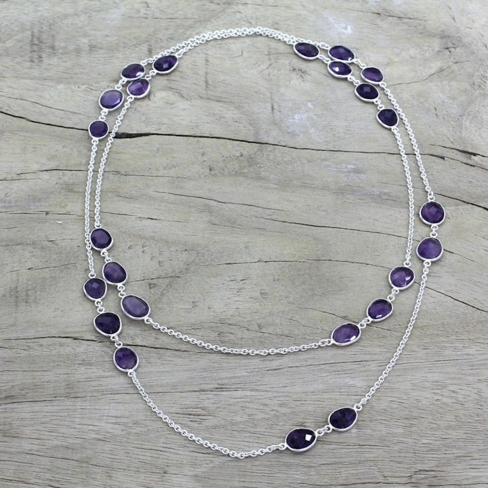 Amethyst Sterling Silver Long Necklace Handmade in India 'Violet Princess'