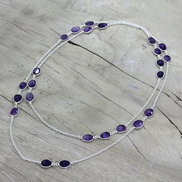 Alternate image for Amethyst Sterling Silver Long Necklace Handmade in India Violet Princess