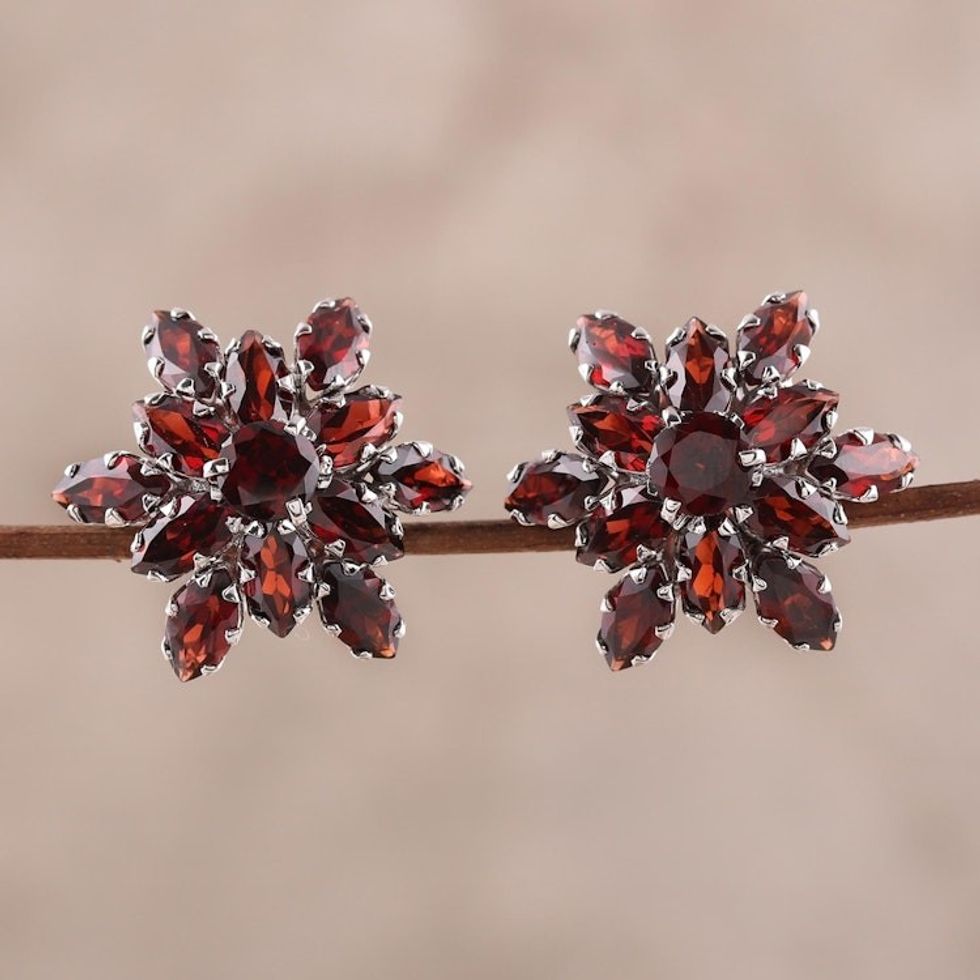13.5-Carat Rhodium Plated Garnet Button Earrings 'Scarlet Burst'