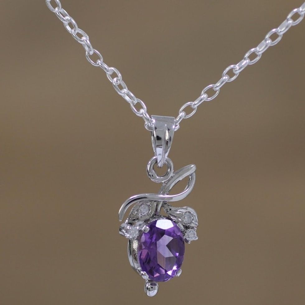 Rhodium Plated Amethyst Fruit Pendant Necklace from India 'Lilac Fruit'