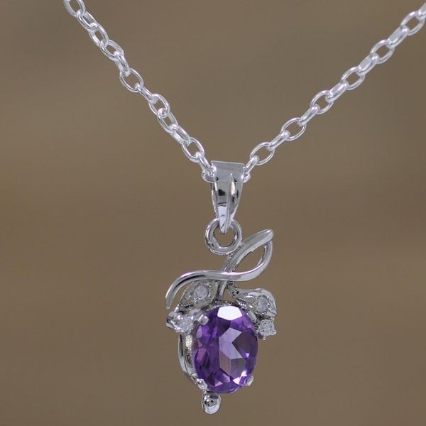 Alternate image for Rhodium Plated Amethyst Fruit Pendant Necklace from India Lilac Fruit