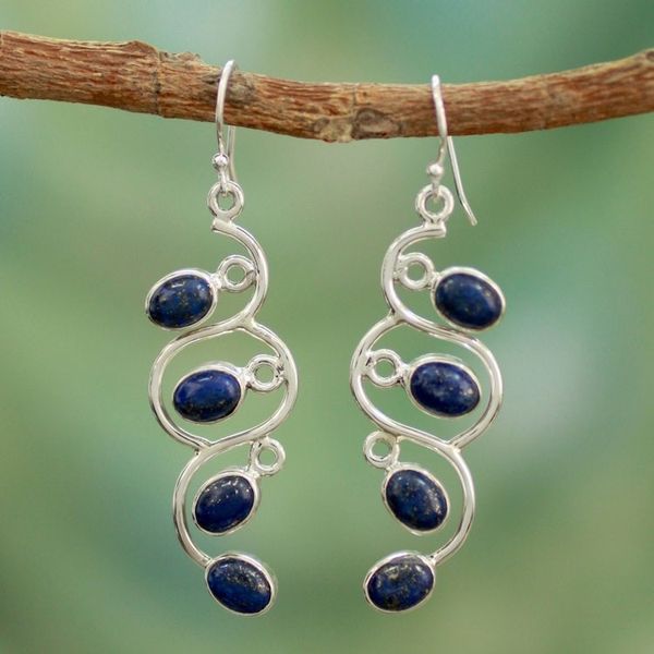 Alternate image for Lapis Lazuli Earrings Artisan Sterling Silver Jewelry Lotus Buds