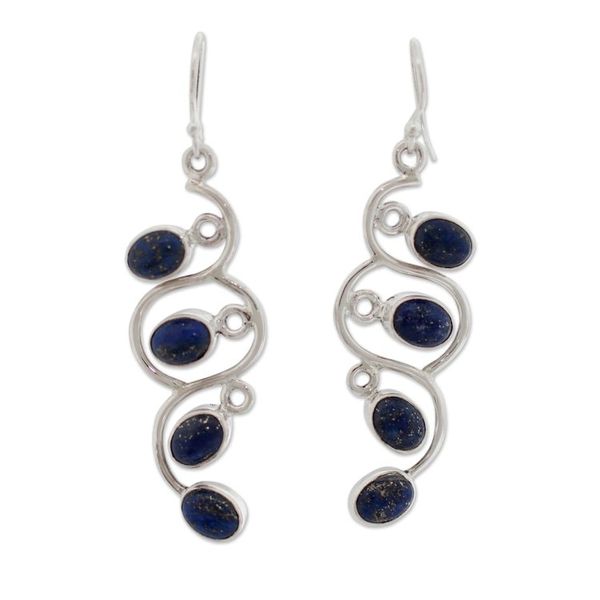 Alternate image for Lapis Lazuli Earrings Artisan Sterling Silver Jewelry Lotus Buds