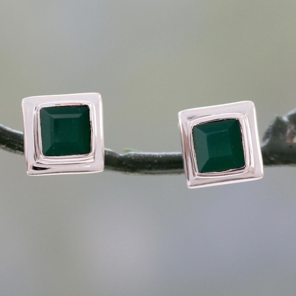 Enhanced Green Onyx Stud Earrings in 925 Silver 'Contemporary Squared'