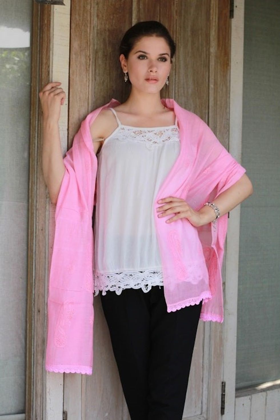 Hand Embroidered Pink Paisley Shawl from Indian Artisan 'Pink Paisley Dreams'