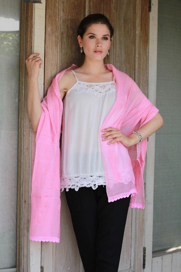 Alternate image for Hand Embroidered Pink Paisley Shawl from Indian Artisan Pink Paisley Dreams