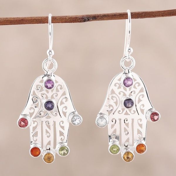 Alternate image for Multi-Gemstone Hamsa Chakra Dangle Earrings from India Hamsa Chakra