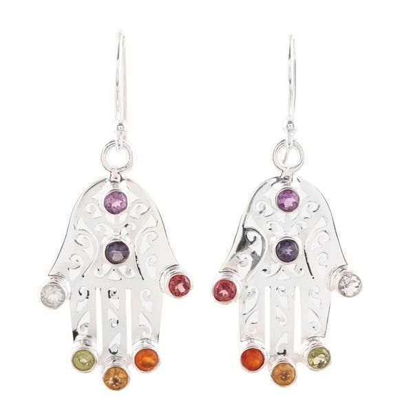 Alternate image for Multi-Gemstone Hamsa Chakra Dangle Earrings from India Hamsa Chakra