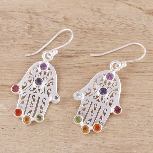 Alternate image for Multi-Gemstone Hamsa Chakra Dangle Earrings from India Hamsa Chakra