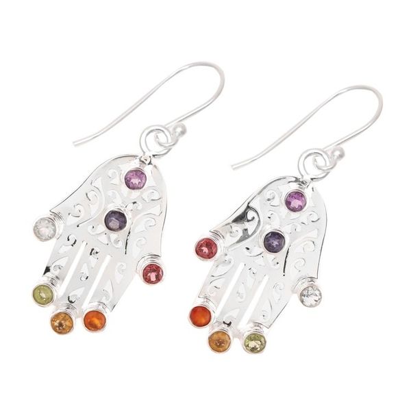 Alternate image for Multi-Gemstone Hamsa Chakra Dangle Earrings from India Hamsa Chakra