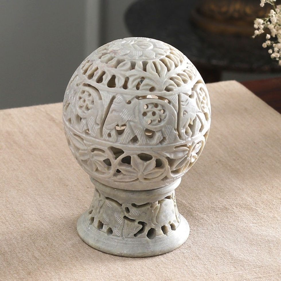 India Hand Carved Soapstone Candle Holder 'Elephant Parade'