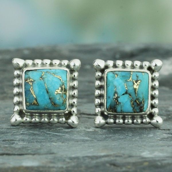 Alternate image for Composite Turquoise Stud Earrings Handmade in India Magical Blue