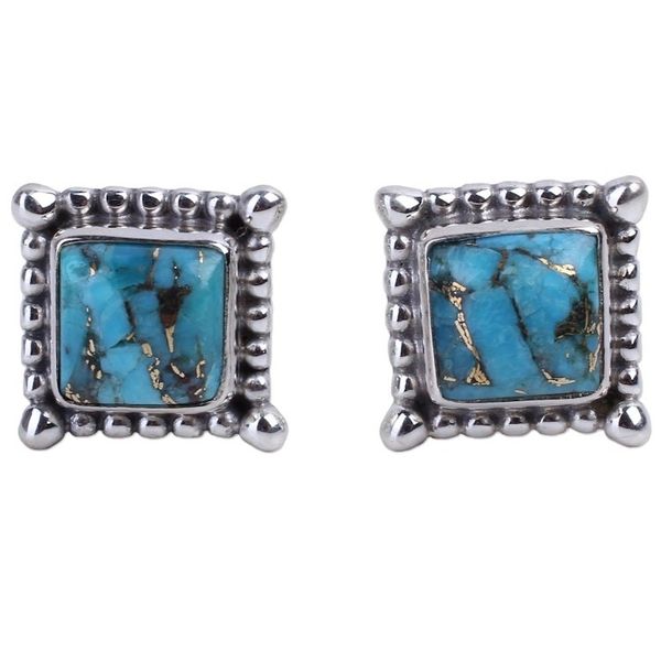 Alternate image for Composite Turquoise Stud Earrings Handmade in India Magical Blue