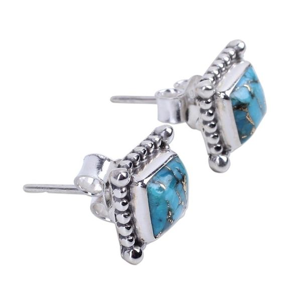 Alternate image for Composite Turquoise Stud Earrings Handmade in India Magical Blue