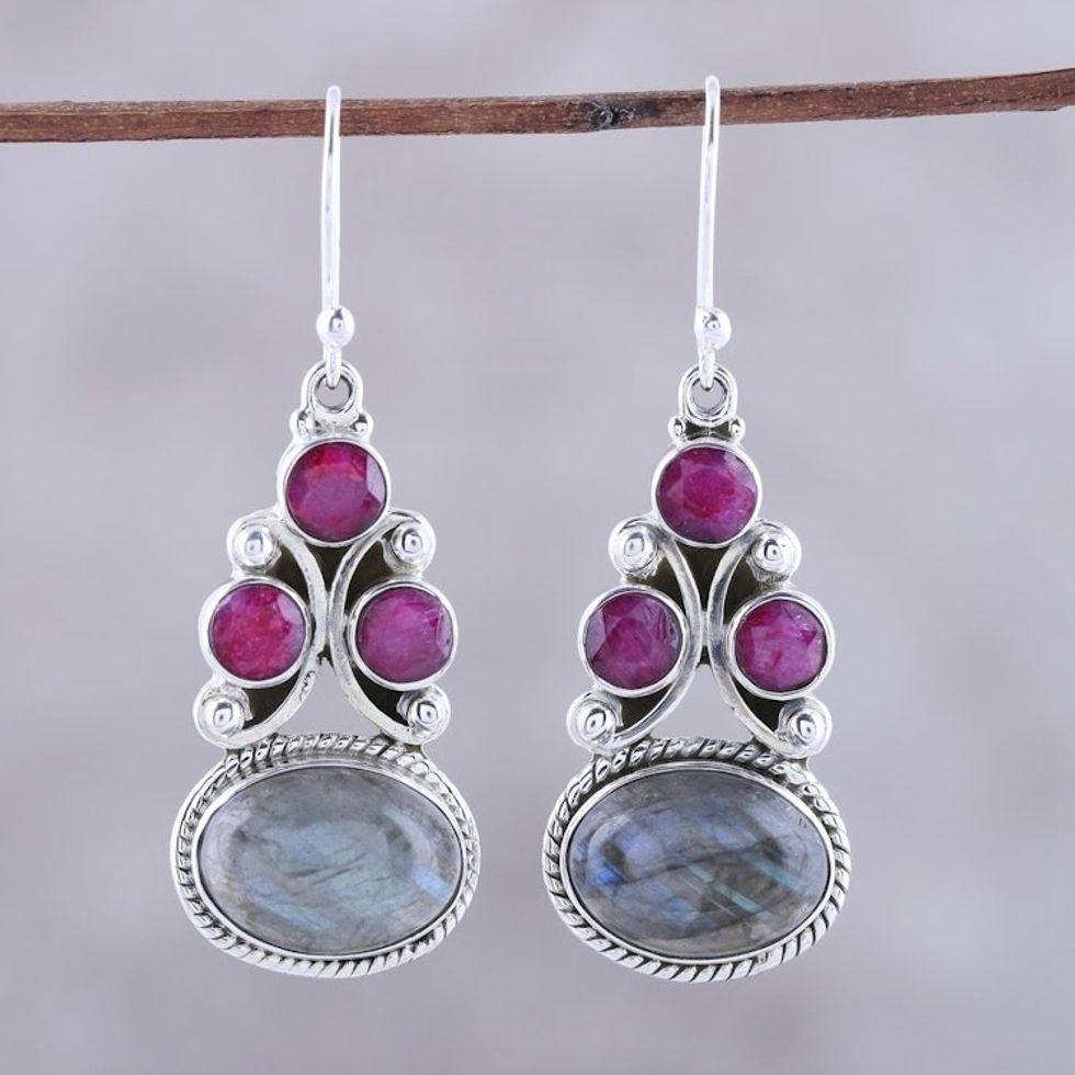 Labradorite and Agate Dangle Earrings from India 'Evening Glamour'