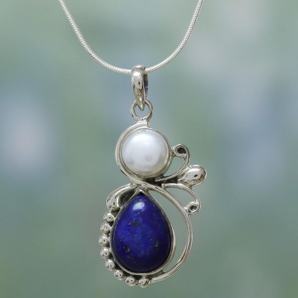 Alternate image for Hand Made Womens Sterling Silver Lapis Lazuli and Pearl Blue Midnight