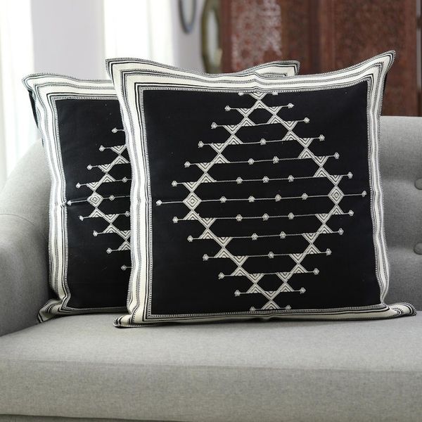 Alternate image for Geometric Cotton Cushion Covers in Black Pair Dark Pattern